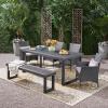 Christopher Knight Home Moralis Outdoor 6-Seater Acacia Wood and Wicker Dining Set with Bench and Water Resistant Cushions, 23.25 “W x 24 “D x 33 “H, Sandblasted Dark Gray + Gray + Light Gray