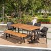 Christopher Knight Home Morley Outdoor Acacia Wood Dining Set with Wicker Stacking Chairs, 6-Pcs Set, Teak Finish / Rustic Metal / Multibrown