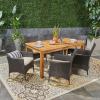 Christopher Knight Home Nadia Outdoor 7 Piece Wood and Wicker Expandable Dining Set, 23.25 “W x 24 “D x 33 “H, Multibrown + Beige + Sandblasted Natural Brown
