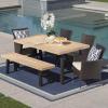 Christopher Knight Home Outdoor 6 Piece Brushed Grey Acacia Wood Dining Set with Multi-Brown Wicker Chairs and Water Resistant Cushions