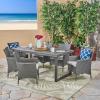 Christopher Knight Home Outdoor 6-Seater Acacia Wood Dining Set with Wicker Chairs, Sandblast Dark Gray