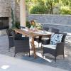 Christopher Knight Home Saba Outdoor 7 Piece Finished Acacia Wood Rectangular Set with Wicker Dining Chairs and Water Resistant Cushions, 23.25 “W x 24 “D x 33 “H, Teak + Multibrown + Beige
