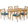 Christopher Knight Home Mesa Outdoor 6 Seater Acacia Wood Dining Set with Water Resistant Cushions, 21.25 “W x 23.25 “D x 35.5 “H, Teak + Blue