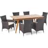 Christopher Knight Home Saba Outdoor 7 Piece Finished Acacia Wood Rectangular Set with Wicker Dining Chairs and Water Resistant Cushions, 23.25 “W x 24 “D x 33 “H, Teak + Multibrown + Beige