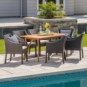 Christopher Knight Home ABEL |Outdoor 7-Piece Acacia Wood/Wicker Dining Set Finish, Teak/Multibrown/Beige Cushions