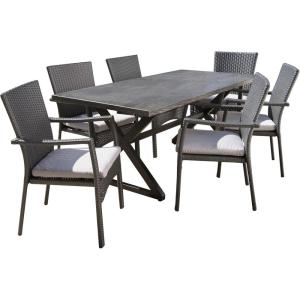 Christopher Knight Home Adella Outdoor Aluminum Dining Set with Water Resistant Cushions, 7-Pcs Set, Grey / Black