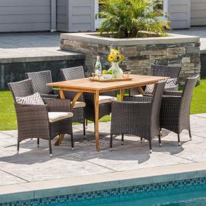 Christopher Knight Home Anthony | Outdoor 7-Piece Acacia Wood/Wicker Dining Set with Cushions | Teak Finish | in Multibrown/Beige