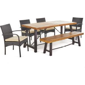 Christopher Knight Home Betsys Outdoor Acacia Wood Dining Set with Wicker Dining Chairs and Water Resistant Cushions, 6-Pcs Set, Teak Finish / Rustic Metal / Multibrown / Crème
