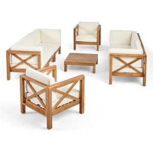 Christopher Knight Home Bravap Outdoor 8 Seater Acacia Wood Sofa and Club Chair Patio Chat Set, 88.50 “W x 30.25 “D x 26.5 “H, Teak + Beige