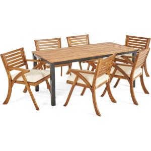 Christopher Knight Home Concord Outdoor 7 Piece Acacia Wood Dining Set, 24 “W x 27.5 “D x 34.25 “H, Teak + Cream + Black
