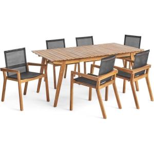 Christopher Knight Home Copperfield Outdoor Acacia Wood 7 Piece Dining Set with Mesh Seats, 21.5 “W x 24.25 “D x 33.5 “H, Teak + Black