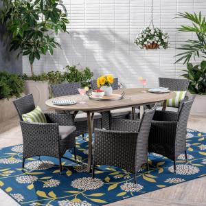 Christopher Knight Home Dahl Outdoor 7 Piece Wood and Wicker Dining Set, Gray Finish/Gray/Silver