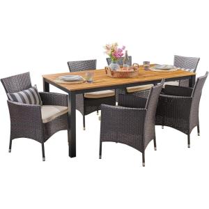 Christopher Knight Home Dane Outdoor 7 Piece Acacia Wood Dining Set with Wicker Chairs, 23.25 “W x 24 “D x 33 “H, Teak + Black + Multibrown + Beige