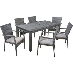 Christopher Knight Home Davenport Outdoor 7 Piece Wood and Wicker Expandable Dining Set, 22.25 “W x 25 “D x 35 “H, Sandblasted Dark Gray + Gray
