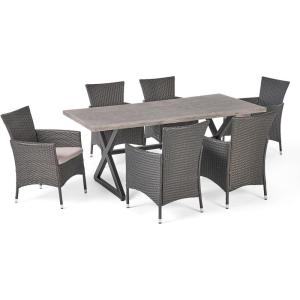 Christopher Knight Home Dion Outdoor 7 Piece Aluminum and Wicker Dining Set with Water Resistant Cushions, 23.25 “W x 24 “D x 33 “H, Gray + Light Gray + Black