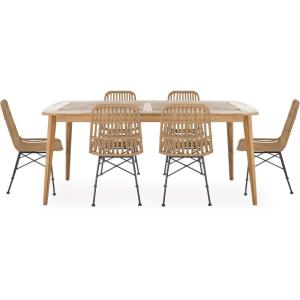 Christopher Knight Home Florence Outdoor 6 Seater Wicker Dining Set, Light Brown, Teak Finish(Light Brown  Teak Finish)