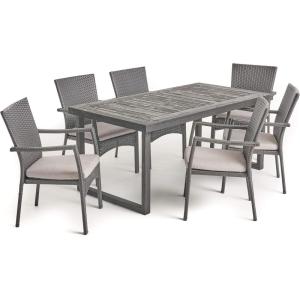Christopher Knight Home Garner Outdoor 6-Seater Acacia Wood Dining Set with Wicker Chairs, 22.25 “W x 25 “D x 35 “H, Sandblasted Dark Gray + Gray