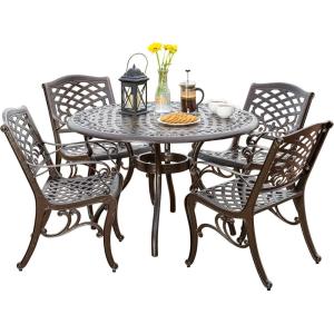 Christopher Knight Home Hallandale Outdoor Cast Aluminum Dining Set for Patio or Deck, 5-Pcs Set, Hammered Bronze(Antique)