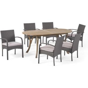 Christopher Knight Home Isla Outdoor 7 Piece Wood and Wicker Dining Set, Gray Finish/Gray/Gray