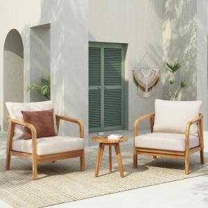 Christopher Knight Home Jenny 3-Piece Outdoor Patio Furniture Set, Set of 2 Solid Wood Frame Lounge Chair Outdoor with Cushions & Round Side Table, Patio Conversation Set for Garden, Teak(Teak + Natural)