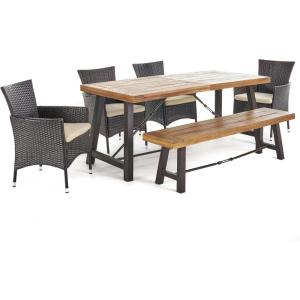 Christopher Knight Home Jennys Outdoor 6 Piece Acacia Wood Dining Set with Wicker Chairs, 23.25 “W x 24 “D x 33 “H, Teak + Rustic Metal + Multibrown + Beige