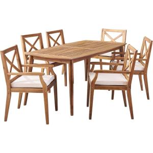 Christopher Knight Home Llano Outdoor 7-Piece Acacia Wood Dining Set, Gray and Teak and Cream