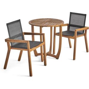 Christopher Knight Home Marcello Outdoor Acacia Wood 3 Piece Dining Set with Mesh Seats, Teak and Black