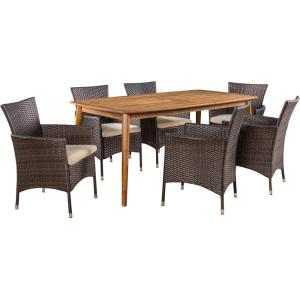 Christopher Knight Home Matthew Outdoor 7 Piece Multibrown Wicker Set with Teak Finish Rectangular Acacia Wood Dining Table and Beige Water Resistant Cushions