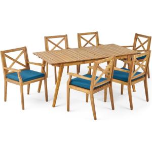 Christopher Knight Home Mesa Outdoor 6 Seater Acacia Wood Dining Set with Water Resistant Cushions, 21.25 “W x 23.25 “D x 35.5 “H, Teak + Blue