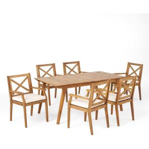 Christopher Knight Home Mesa Outdoor 7-Piece Acacia Wood Dining Set, Teak and Cream
