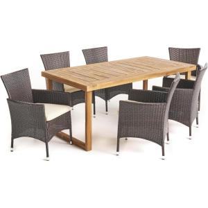 Christopher Knight Home Moralis Outdoor 6-Seater Acacia Wood Dining Set with Wicker Chairs, 23.25 “W x 24 “D x 33 “H, Sandblasted Natural Brown + Multibrown + Beige