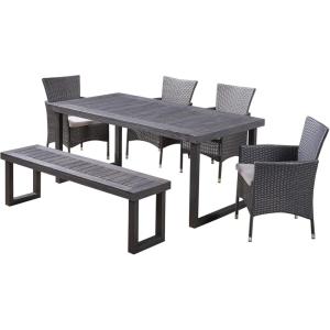 Christopher Knight Home Moralis Outdoor 6-Seater Acacia Wood and Wicker Dining Set with Bench and Water Resistant Cushions, 23.25 “W x 24 “D x 33 “H, Sandblasted Dark Gray + Gray + Light Gray