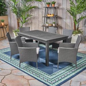 Christopher Knight Home Nadia Outdoor 7 Piece Wood and Wicker Expandable Dining Set, Sandblast Dark Gray and Silver