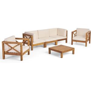 Christopher Knight Home Outdoor 5 Seater Acacia Wood Sofa Chat Set, Teak Finish and Beige