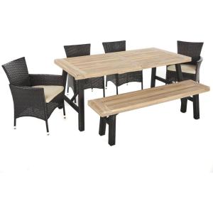 Christopher Knight Home Outdoor 6 Piece Brushed Grey Acacia Wood Dining Set with Multi-Brown Wicker Chairs and Water Resistant Cushions