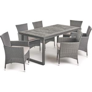 Christopher Knight Home Outdoor 6-Seater Acacia Wood Dining Set with Wicker Chairs, Sandblast Dark Gray