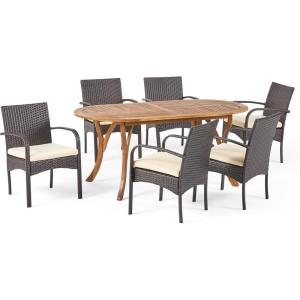 Christopher Knight Home Outdoor 7 Piece Acacia Wood and Wicker Dining Set, Teak with Multi Brown