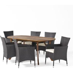Christopher Knight Home Outdoor 7 Piece Acacia Wood and Wicker Dining Set, Teak with Multi Brown Chairs