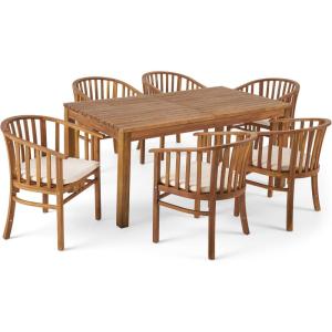 Christopher Knight Home Outdoor Expandable 6 Seater Acacia Wood Dining Set, Teak Finish and Cream