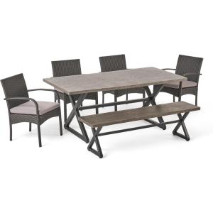 Christopher Knight Home Palermo Outdoor 6 Piece Grey Aluminum Dining Set with Bench and Wicker Dining Chairs with Grey Water Resistant Cushions