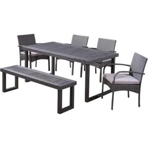 Christopher Knight Home Stillwater Outdoor 6-Seater Aluminum Dining Set with Wicker Chairs and Bench, Sandblast Dark Gray and Gray