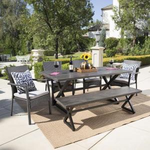Christopher Knight Home Trina Outdoor Aluminum Dining Set with Bench and Water Resistant Cushions, 6-Pcs Set, Grey / Black