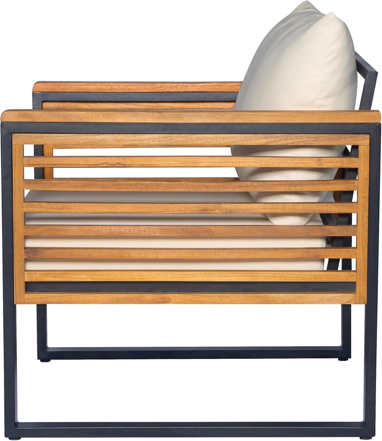 image:imageChristopher Knight Home Alvin Patio Acacia Wood and Metal Accent Chair Outdoor Lounge Chair with Cushion Deep Seating Garden Armchair Comfy Reading Chair Single Sofa Club Chair BeigeTeakBlack