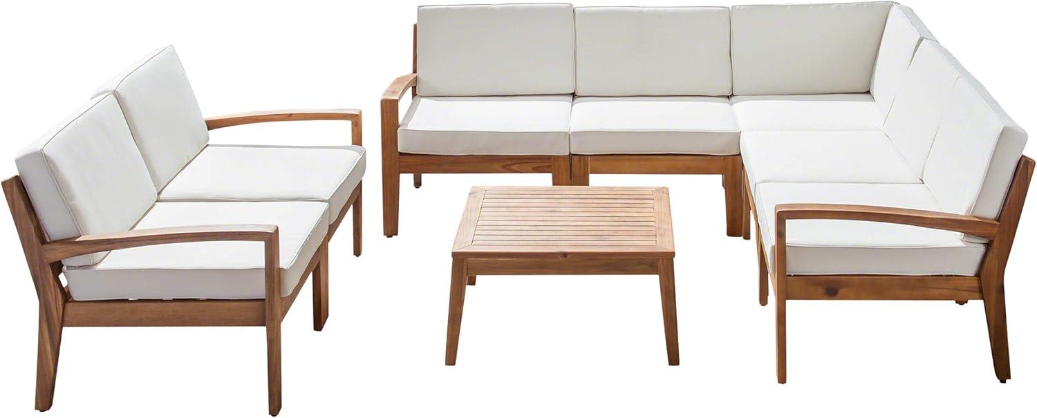 image:imageChristopher Knight Home Grena Outdoor Acacia Wood 7 Seater Sectional Conversation Set with Coffee Table Teak and Beige