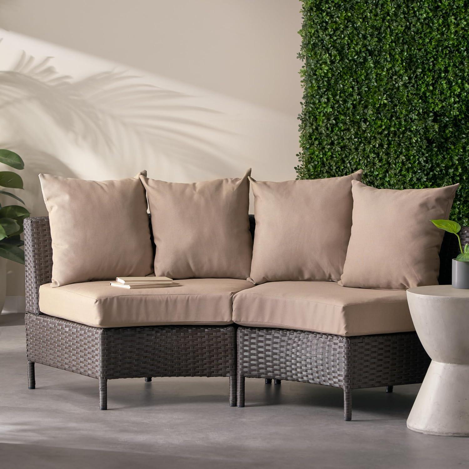 image:imageChristopher Knight Home Newton Outdoor Porch Transitional Curved Wicker Loveseat Sectional Sofa with Cushions Dark BrownBeige