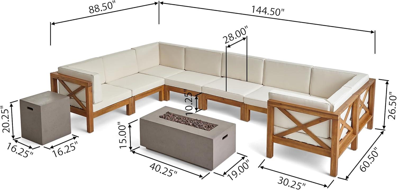 image:imageChristopher Knight Home Outdoor Acacia Wood 8 Seater UShaped Sectional Sofa Set with Fire Pit Teak Beige and Light Gray