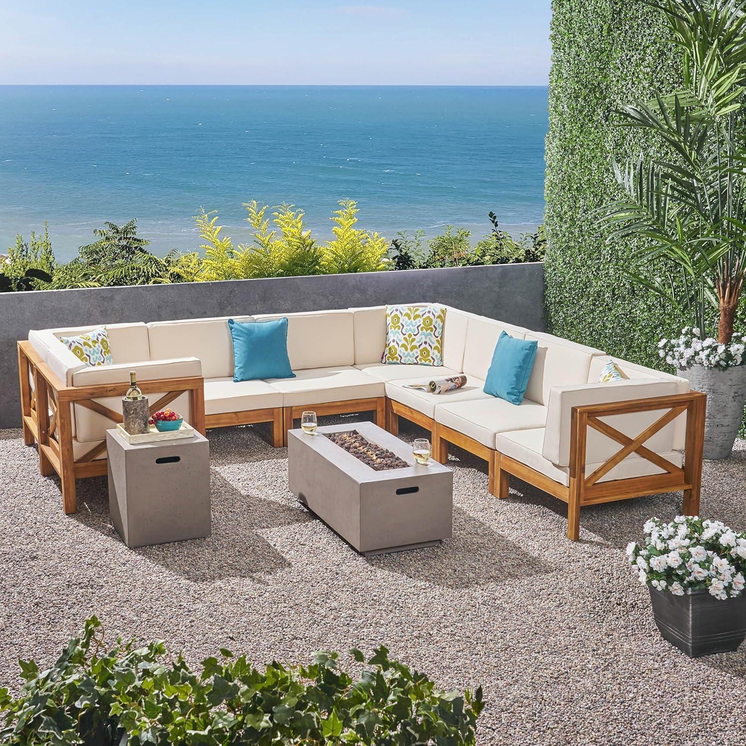 image:imageChristopher Knight Home Outdoor Acacia Wood 8 Seater UShaped Sectional Sofa Set with Fire Pit Teak Beige and Light Gray