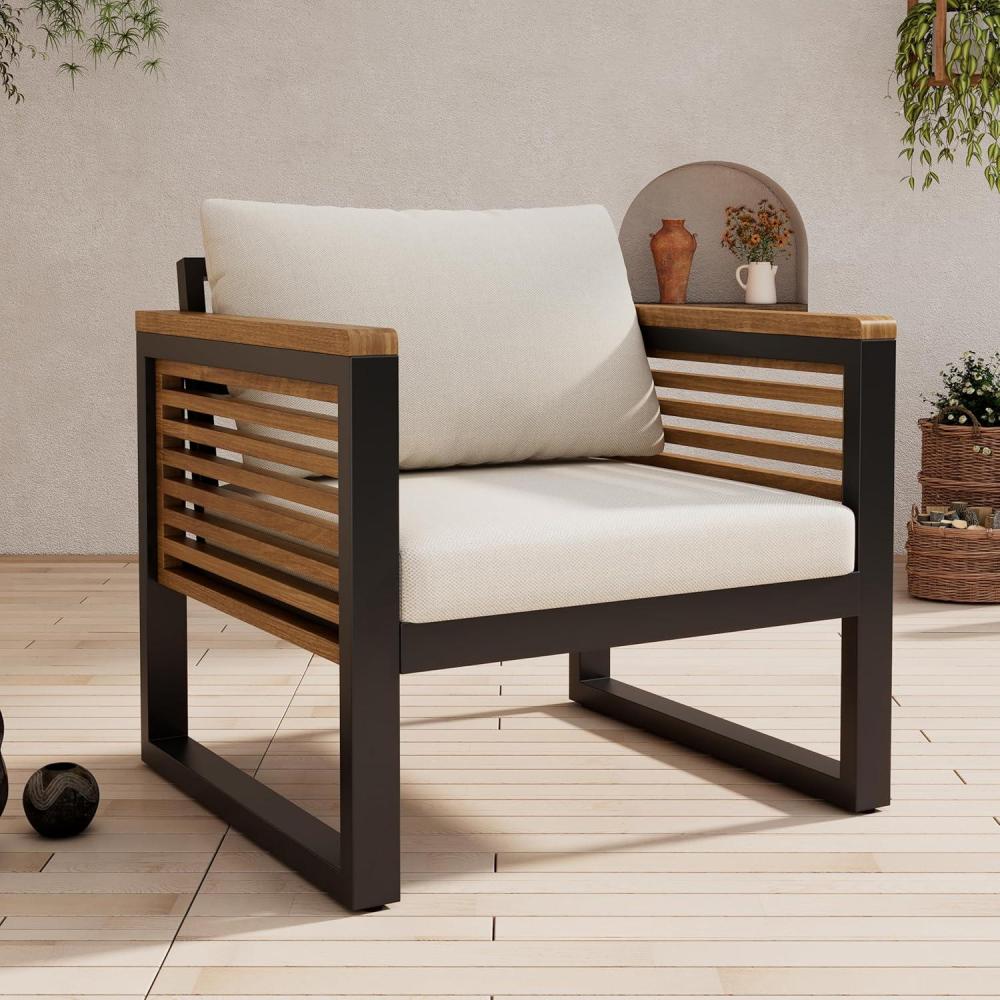 image:imageChristopher Knight Home Alvin Patio Acacia Wood and Metal Accent Chair Outdoor Lounge Chair with Cushion Deep Seating Garden Armchair Comfy Reading Chair Single Sofa Club Chair BeigeTeakBlack