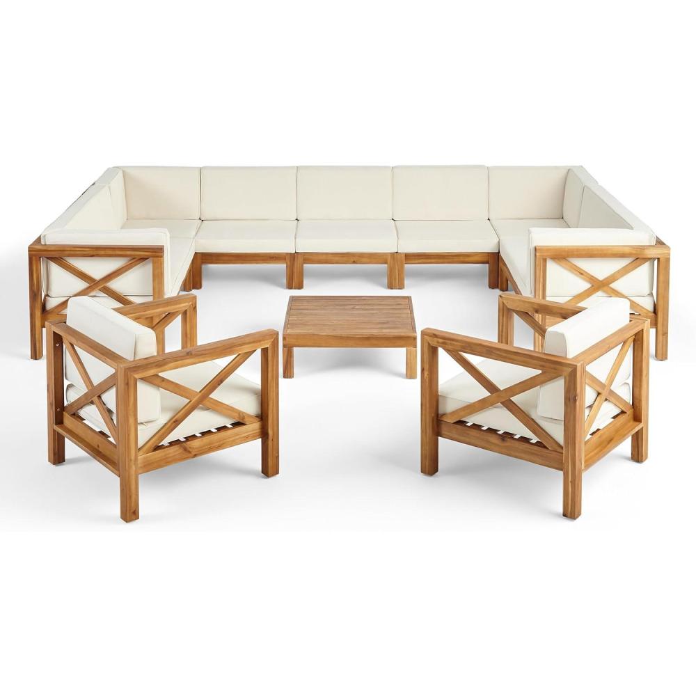 image:imageChristopher Knight Home Brava Outdoor Acacia Wood 11 Seater Sectional Patio Sofa Furniture Chat Conversation Sets with Cushions and Coffee Table 28 W x 3025 D x 265 H Teak Beige
