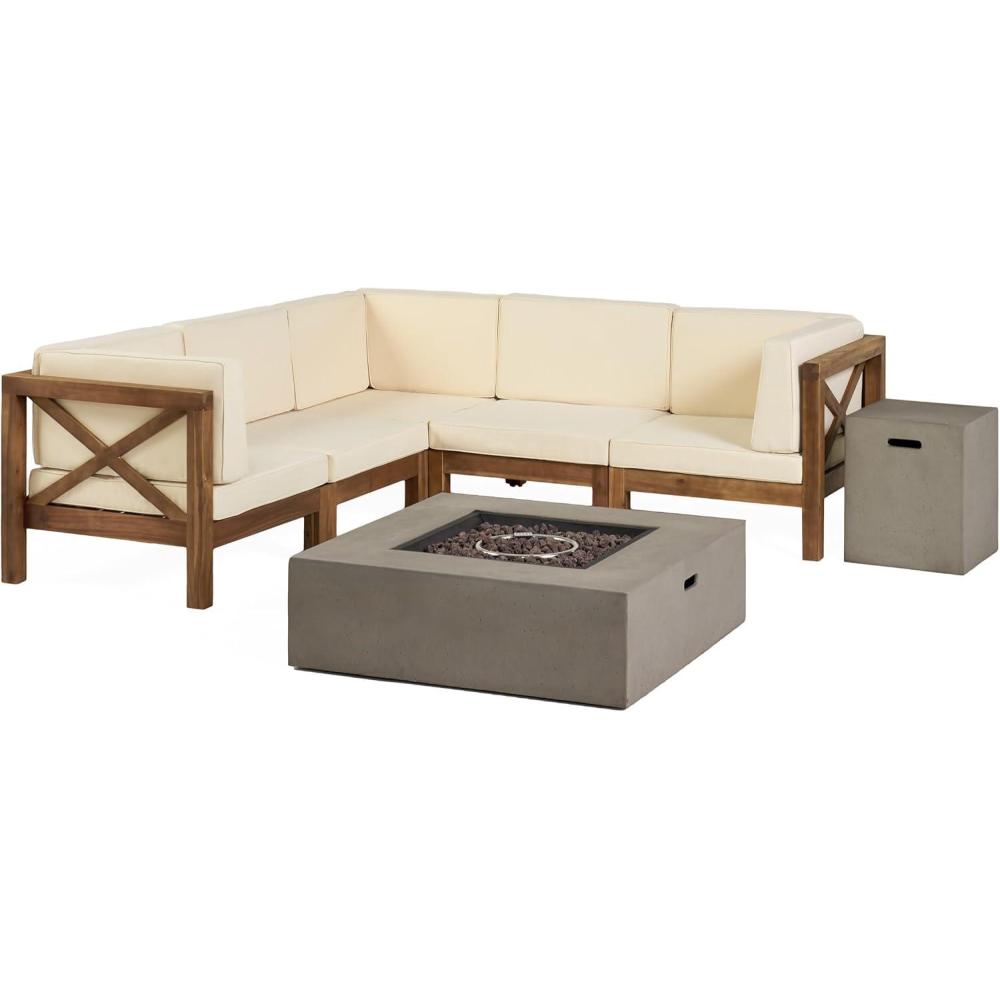image:imageChristopher Knight Home Brava Outdoor Acacia Wood 5 Seater Sectional Patio Sofa Furniture Conversation Sets with Fire Pit and Cushions 28 W x 3025 D x 265 H Teak Beige